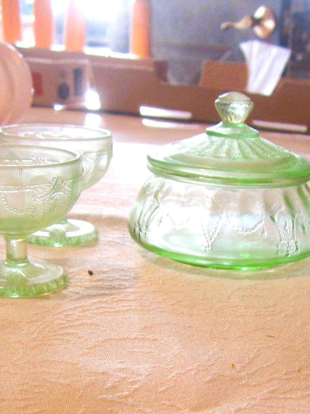VTG HAZEL ATLAS MINI SET OF SHERBERT CUPS W/SAUCE/SUGAR BOWL GREEN URANIUM GLASS